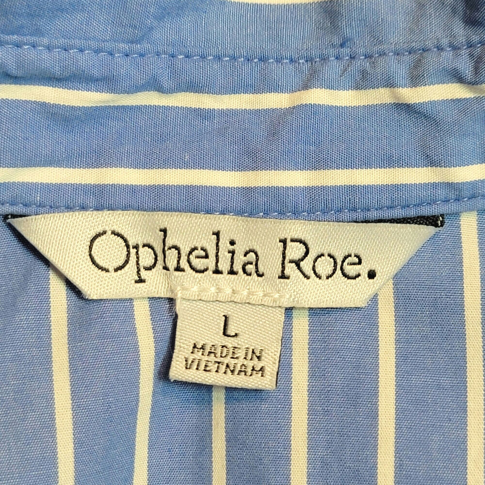 Ophelia Roe Striped Blue White Balloon Sleeve Button Front Cotton Shirt Blouse L - Picture 6 of 8